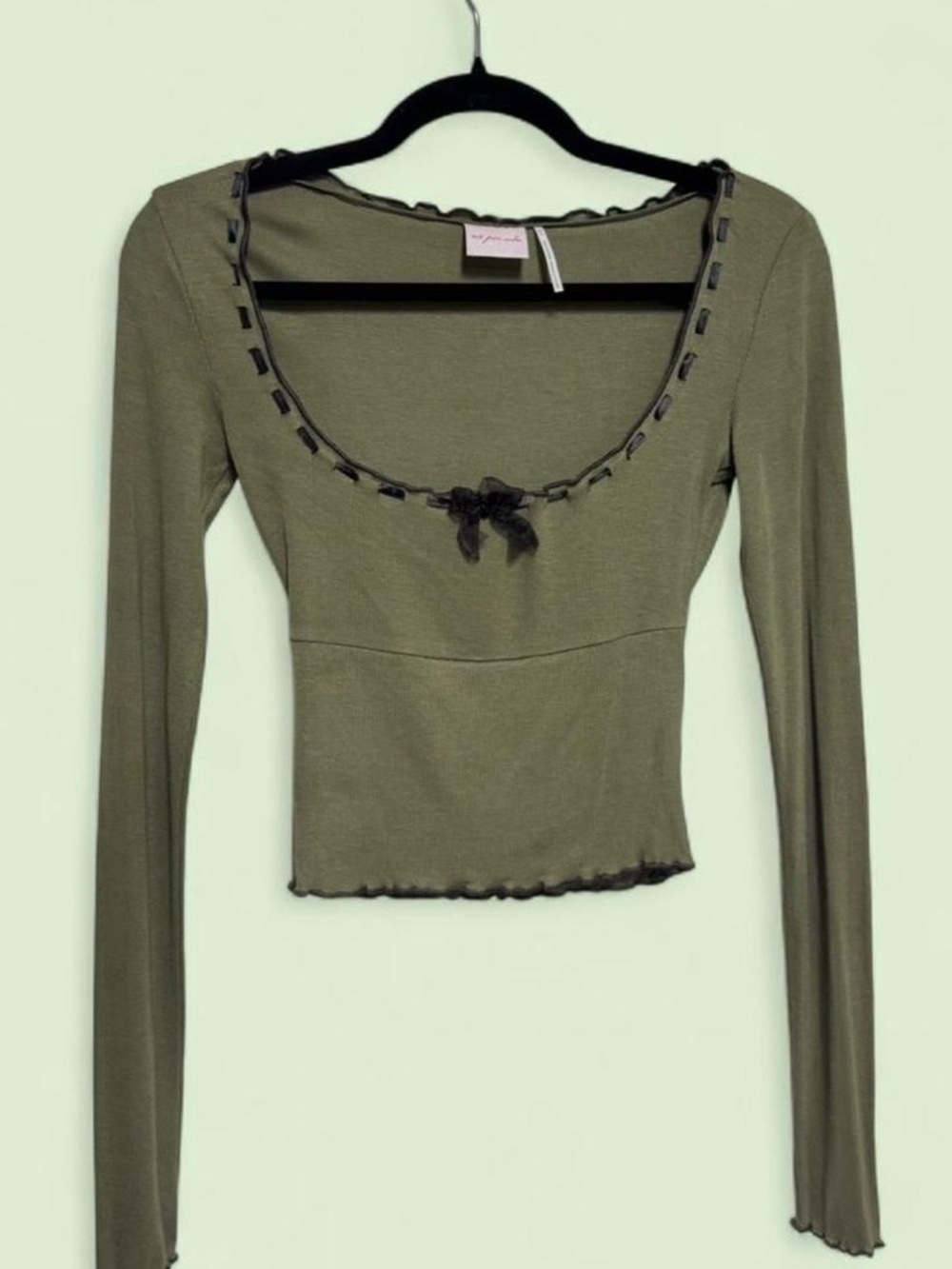Urban Outfitters Green Long-Sleeve Babydoll Top with Bow & Lettuce Trim